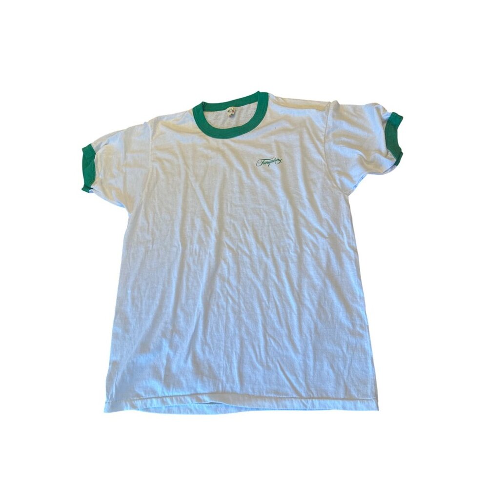Vintage 80s Tanqueray Ringer T-Shirt Size XL White & Green